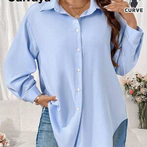 Shein Plus Baby Blue High-Low Button Down Shirt Blouse 2XL